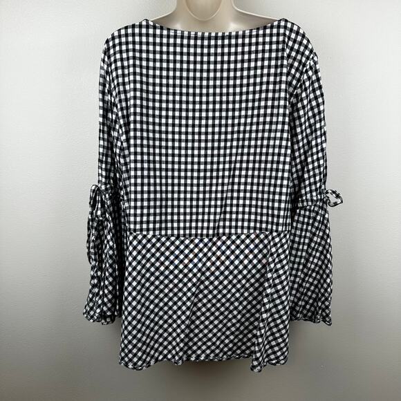 LOFT Blouse Top Plaid Gingham Check Boho Bell Sleeves Black White L Cottage Core - Picture 6 of 11